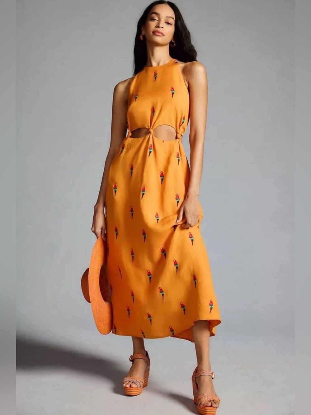 Anthropologie Farm Rio Embroidered Parrot Halter Maxi Dress Size small